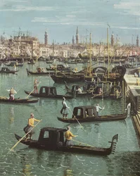 Gondeliers bij de ingang van het Canal Grande en de kerk van Santa Maria della Salute, Venetië (detail)